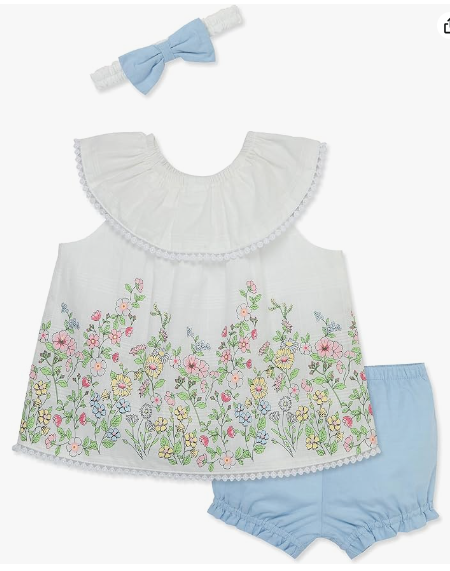 Little Me LCD14448 Clothes for Baby Girls' Floral Border Sunsuit and Headband Set, Blue