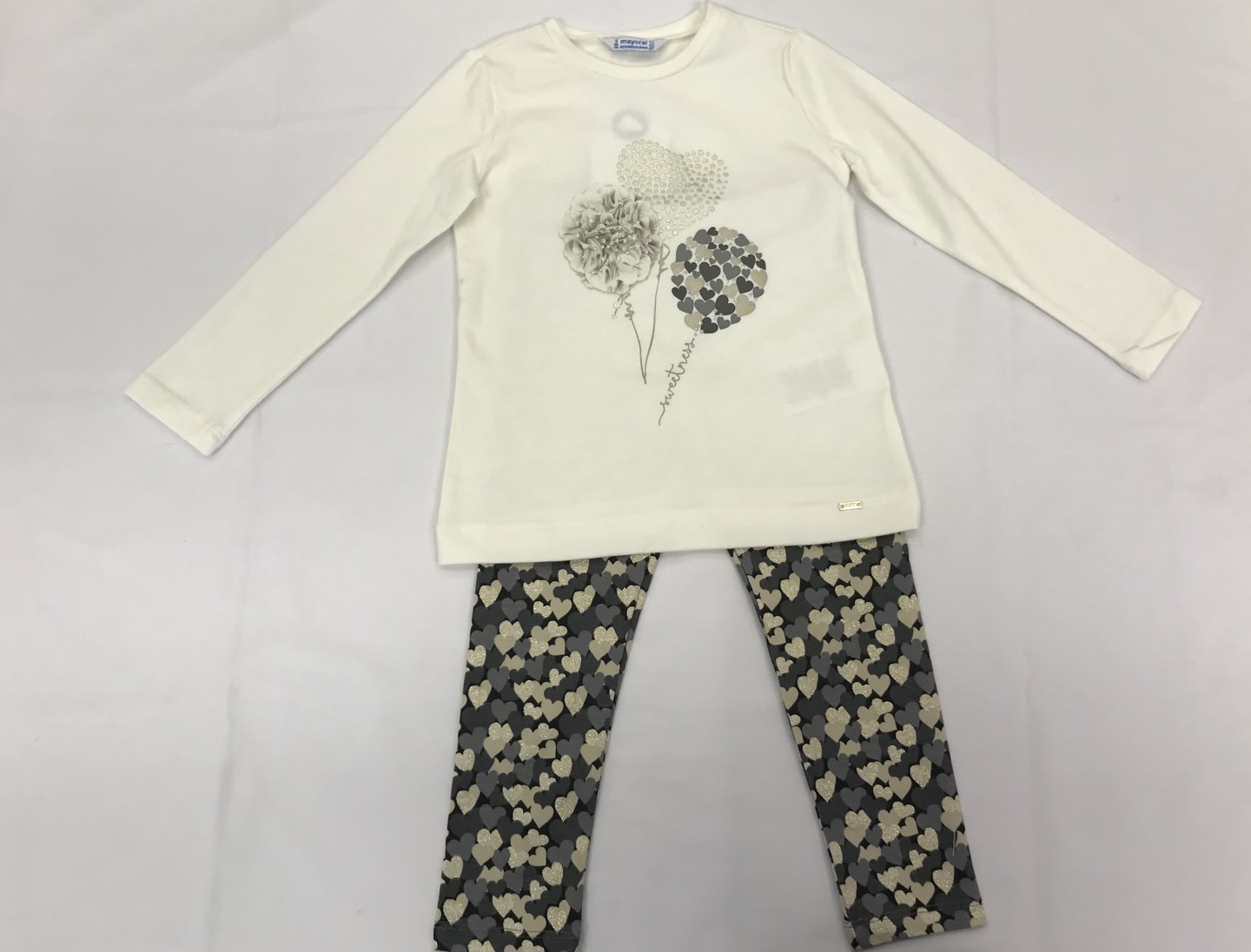 MAYORAL 4064 IVORY, GREY AND GOLD GLITTER HEARTS TOP AND LEGGINGS