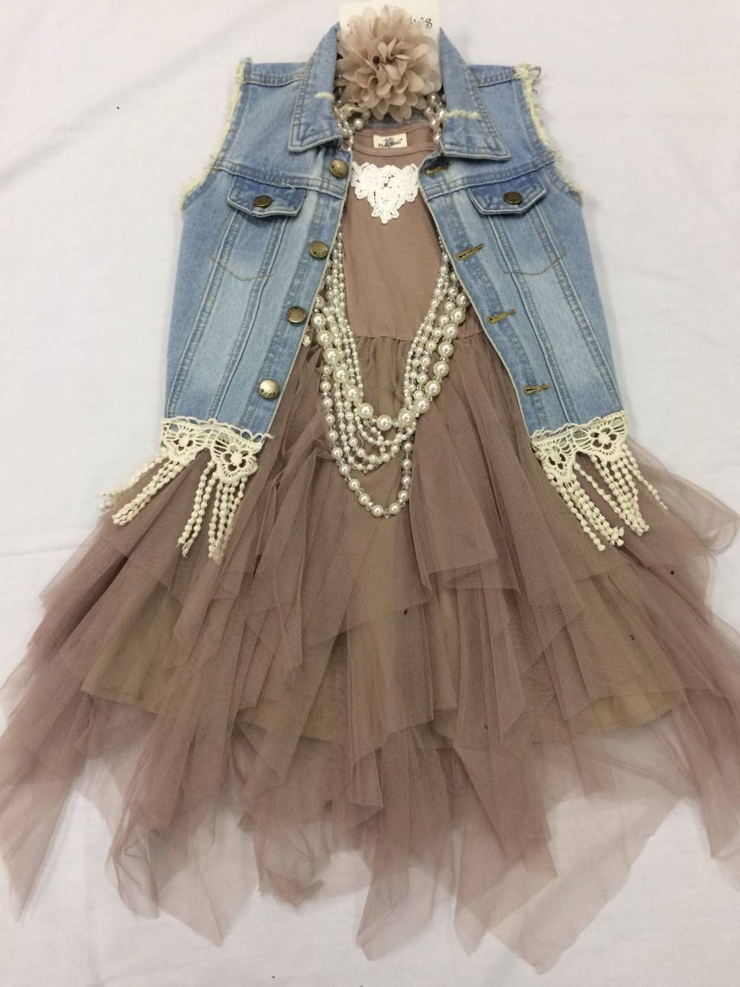 ML KIDS TAUPE DRESS AND JEAN VEST 2-PIECE SET SIZES 5-12