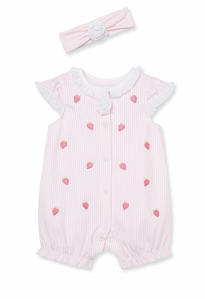 LITTLE ME L677 BABY GIRLS STRAWBERRY  ROMPER WITH MATCHING HEADBAND