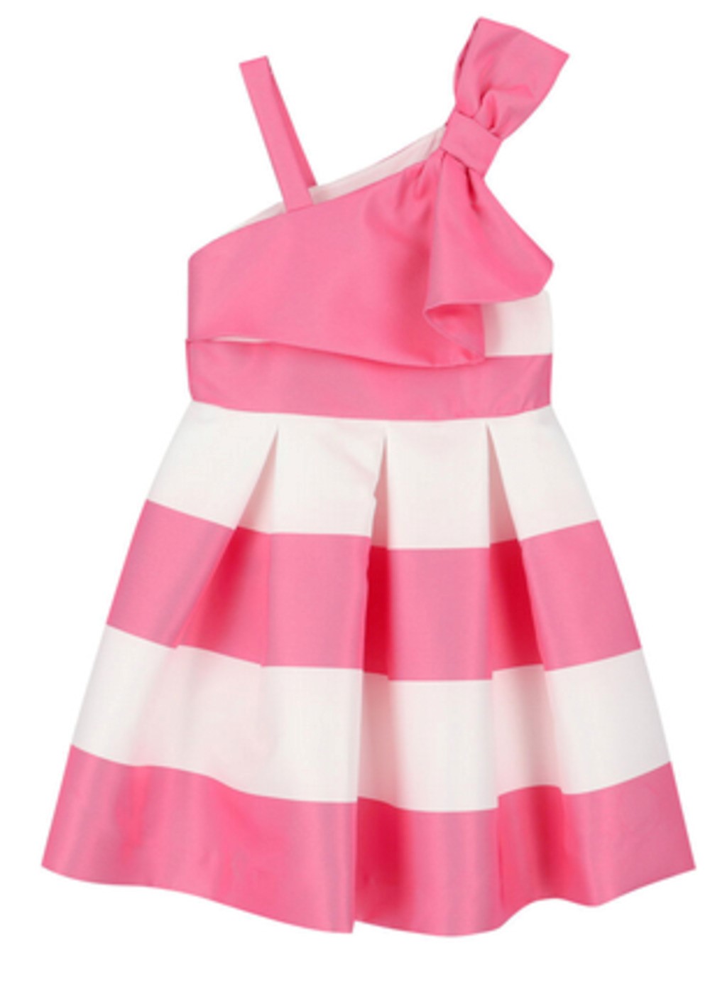 ABEL & LULA 5042 GIRLS PINK AND WHITE STRIPED DRESS WITH ASYMMETRICAL TOP AND BOW ACCENT ON SHOULDER