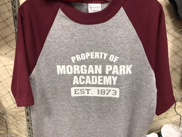 Maroon and gray baseball shirt with Property of Morgan Park Academy logo