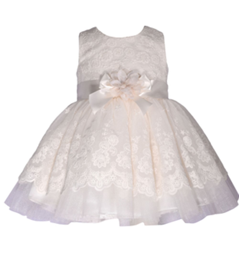 BONNIE JEAN R5-11068-PV BABY GIRLS IVORY SLEEVELESS SCALLOPED EMBROIDERED MESH DRESS WITH SOLID MESH UNDERLAY AND RIBBON TRIM 