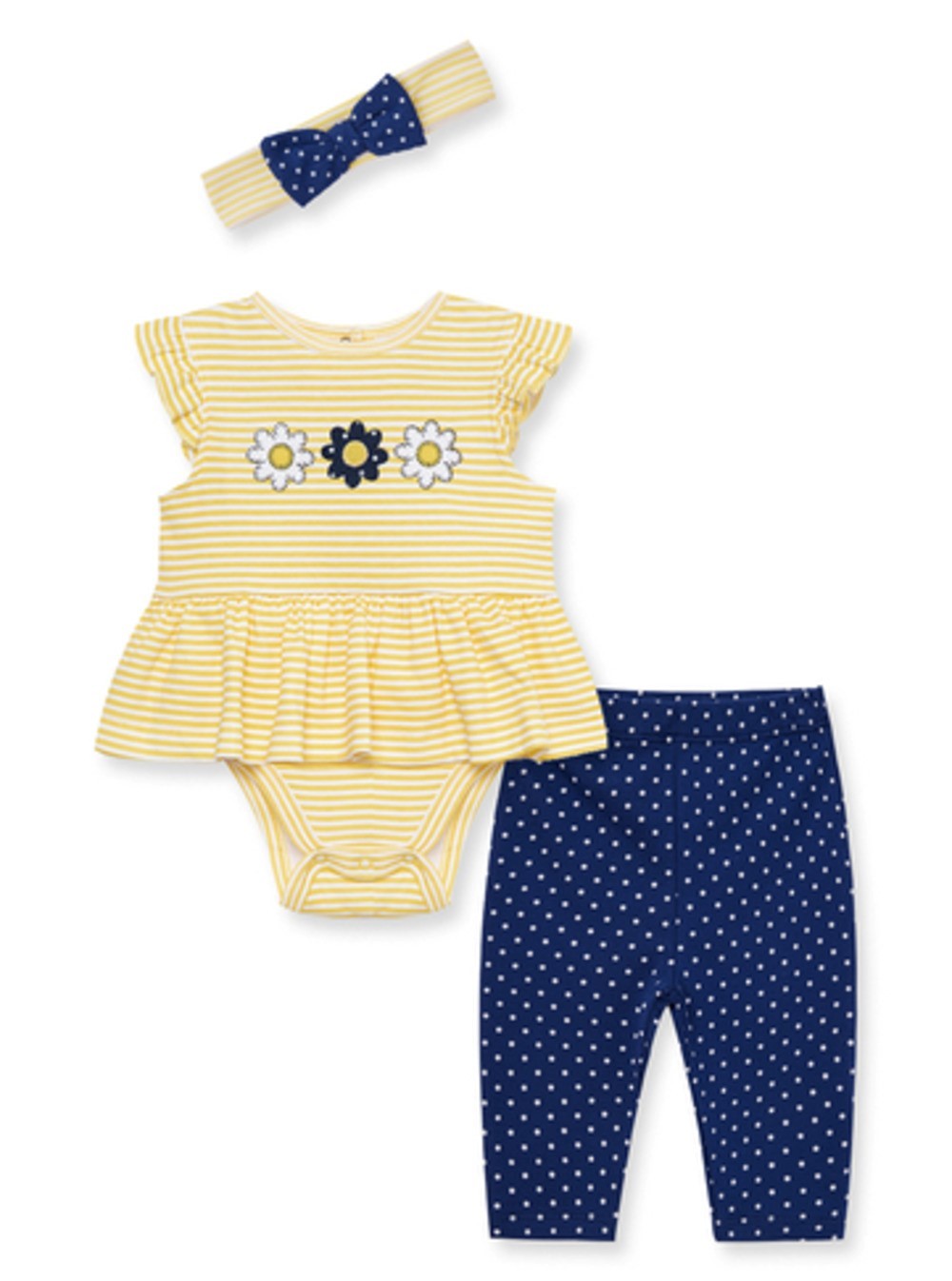 LITTLE ME LC812833N BABY GIRLS DAISY PALS BODYSUIT PANT SET WITH MATCHING HEADBAND
