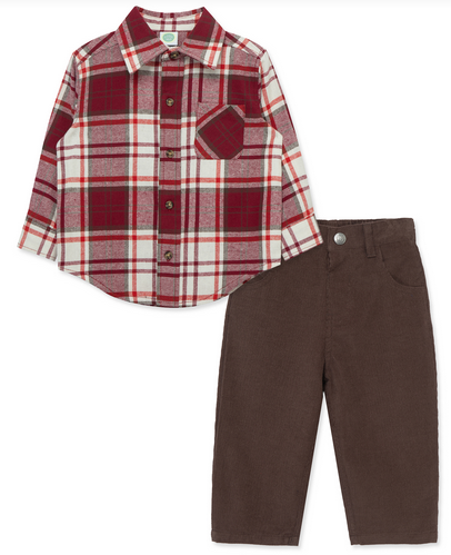 Little Me LPB15311 Clothes for Baby Boys' Red Plaid Woven Pant and Shirt Set, Red/Chocolate Brown