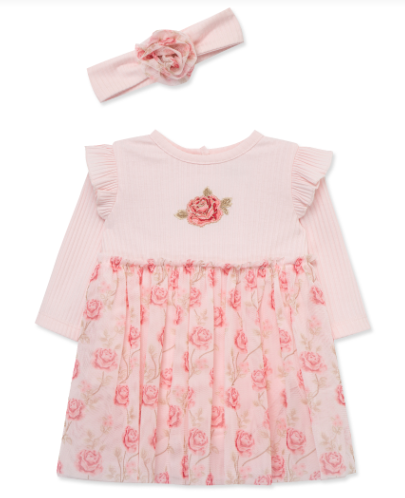 LITTLE ME LCD14843 BABY GIRLS ROSE TUTU POPOVER DRESS WITH MATCHING HEADBAND
