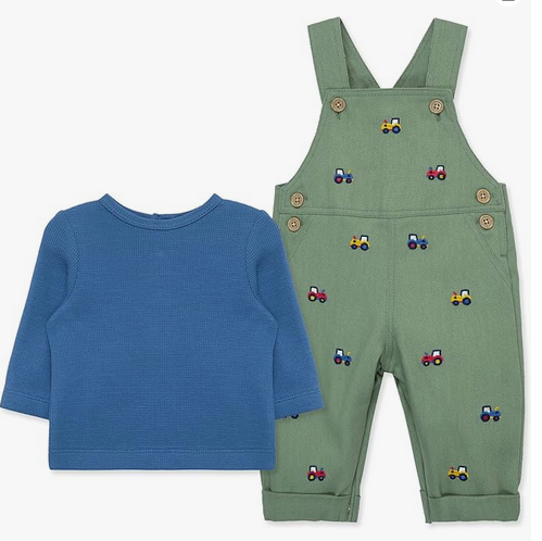 Little Me LCN14928 Clothes for Baby Boys' Tractors Overall Set, Hedge Green