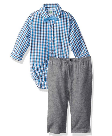 BOYS HEATHER GRAY AND BLUE PLAID WOVEN PANTS SET WITH BOW TIE