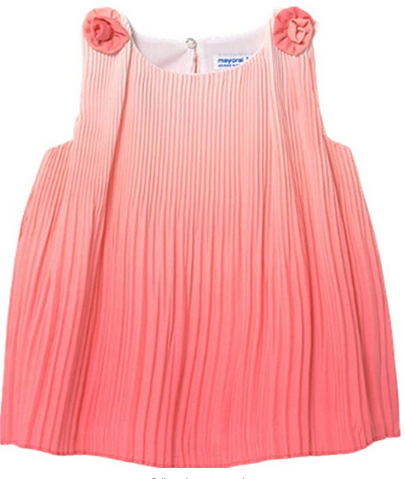 MAYORAL 1986 BABY GIRLS CORAL OMBRE PLEATED DRESS WITH FLOWER ACCENTS