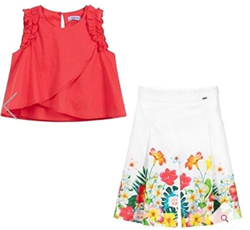 MAYORAL 3548 GIRLS CORAL TOP AND FLORAL COULOTTES SET