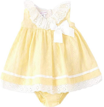 BONNIE JEAN R00097-PS BABY GIRLS 2 PIECE YELLOW AND WHITE EYELET DRESS WITH LACE TRIM AND EMPIRE WAIST