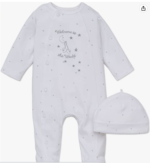 Little Me LBQ03991N Unisex Baby 2-Piece Footie and Cap Set, Welcome to The World