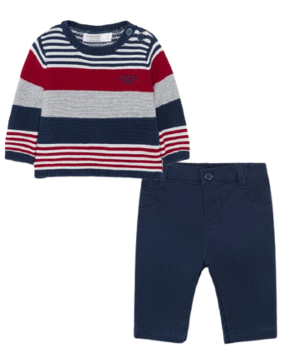 MAYORAL 2523 BABY BOYS RED, WHITE, BLUE AND GRAY PANTS AND SWEATER SET