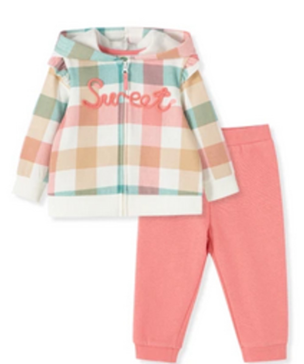 LITTLE ME GIRLS PINK SWEET CHECKERED HOODIE AND PANTS SET