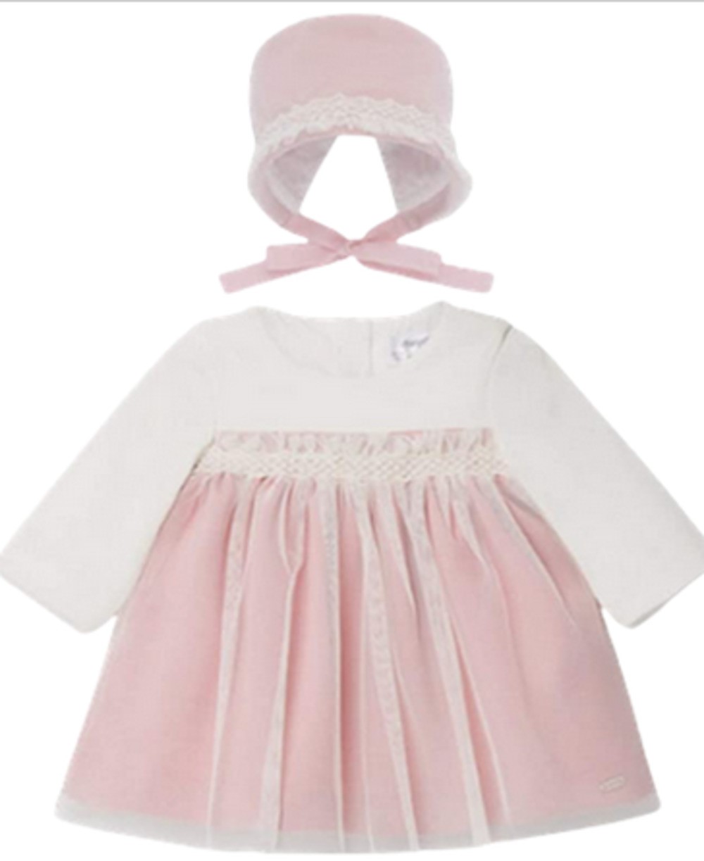 MAYORAL 2864 BABY GIRLS' PINK AND IVORY DRESS WITH TULLE OVERLAY AND MATCHING BONNET