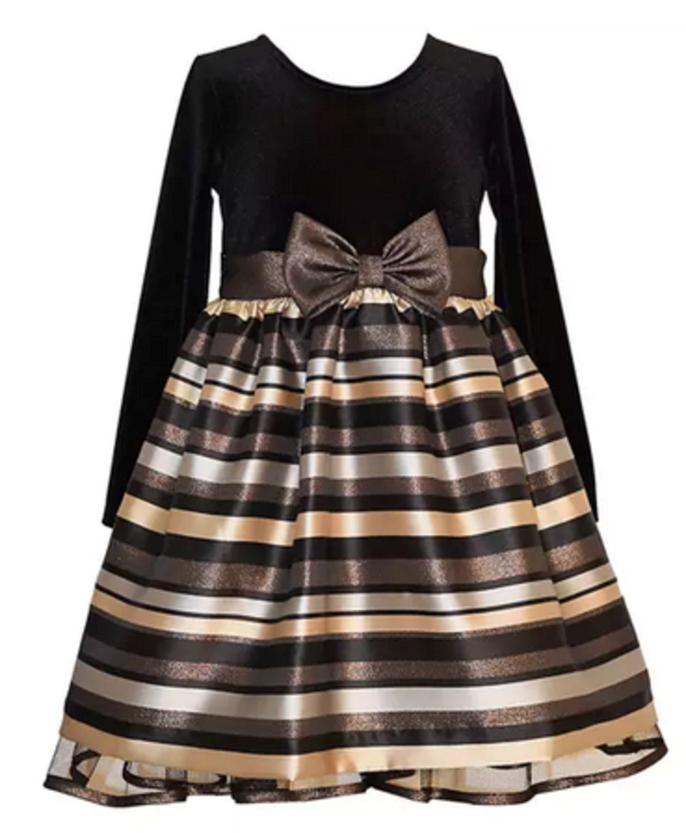 BONNIE JEAN X3-10827-DL GIRLS SPECIAL OCCASION DRESS WITH STRIPED 
BOTTOM AND LONG SLEEVE VELVETEEN TOP 