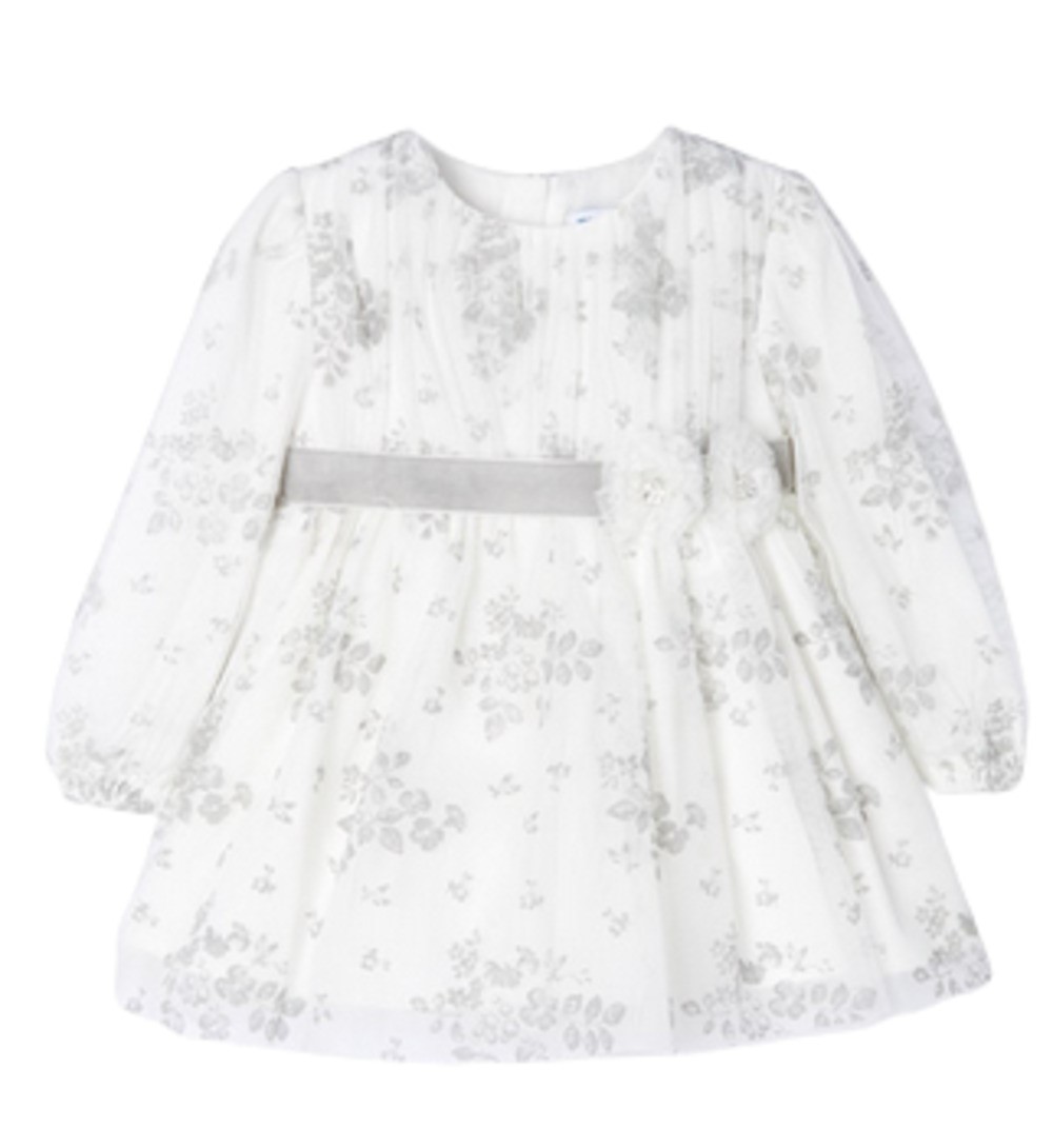 MAYORAL 2939 BABY GIRLS GRAY AND CREAM FLORAL TULLE DRESS