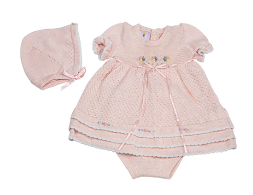 Karela Kids pink newborn knit dress with matching hat and panty