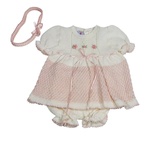 Karela Kids newborn girls pink and white dress with bloomers, matching headband and blanket