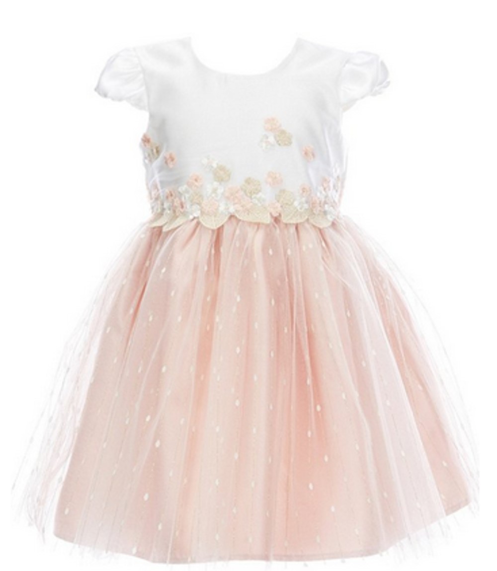 Bonnie Jean girls' blush dress with floral appliques and mesh overlay
